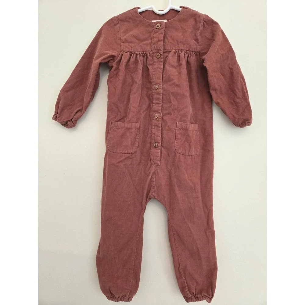 Mango Kids Corduroy Jumpsuit Terracotta Rust Button Front Romper Size 2-3 98cm